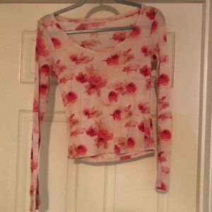 Long Sleeved Pink Abstract Floral Soft Crop Top Mudd Adult Small